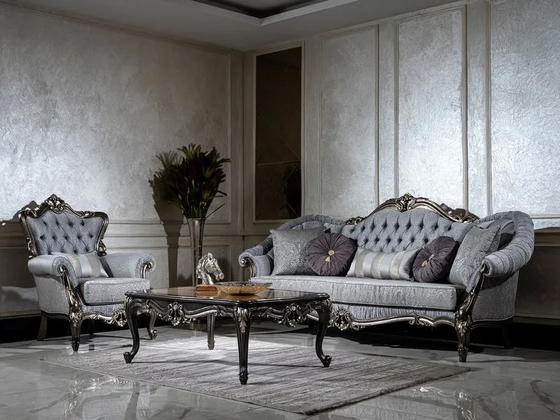 Casa Padrino Luxus Barock Sessel Hellblau / Grau / Dunkelgrau / Gold - Eleganter Wohnzimmer Sessel mit Muster und dekorativem Kissen - Barock Wohnzimmer Möbel