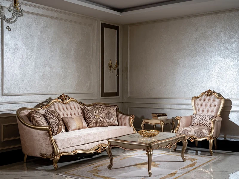 Casa Padrino Luxus Barock Wohnzimmer Set Rosa / Gold - 2 Sofas & 2 Sessel & 1 Couchtisch - Handgefertigte Wohnzimmer Möbel im Barockstil - Edel & Prunkvoll