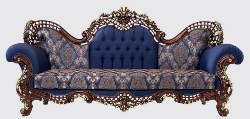 Casa Padrino Luxus Barock Sofa Blau / Dunkelbraun / Gold 270 x 100 x H. 122 cm - Prunkvolles Wohnzimmer Sofa mit elegantem Muster - Möbel im Barockstil