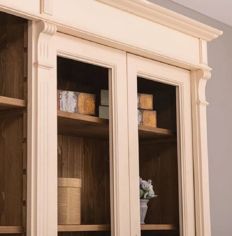 Casa Padrino Landhausstil Wohnzimmerschrank Cremefarben / Braun 286 x 51 x H. 228 cm - Massivholz Schrank - Bücherschrank - Regalschrank - Landhausstil Möbel
