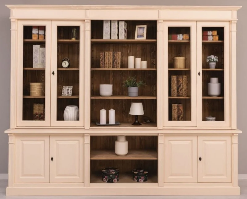 Casa Padrino Landhausstil Wohnzimmerschrank Cremefarben / Braun 286 x 51 x H. 228 cm - Massivholz Schrank - Bücherschrank - Regalschrank - Landhausstil Möbel