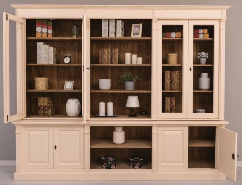 Casa Padrino Landhausstil Wohnzimmerschrank Cremefarben / Braun 286 x 51 x H. 228 cm - Massivholz Schrank - Bücherschrank - Regalschrank - Landhausstil Möbel