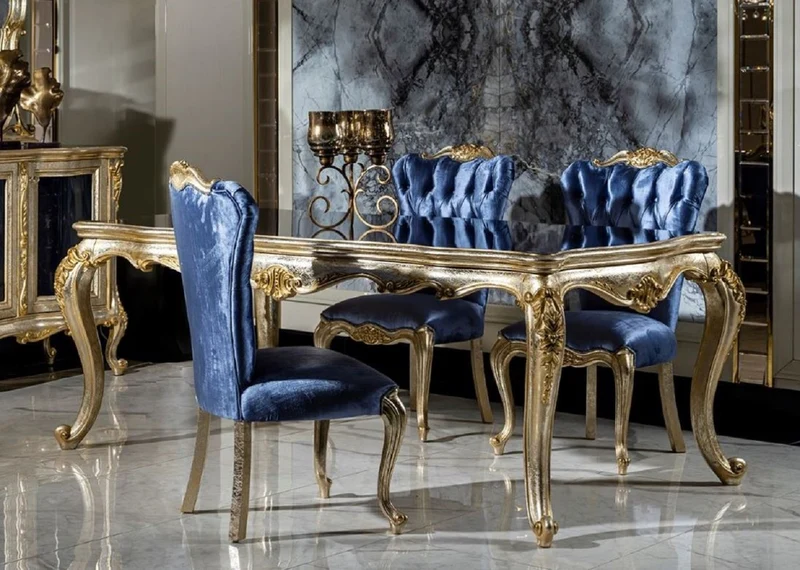 Casa Padrino Luxus Barock Esszimmer Set Blau / Silber / Gold - 1 Esstisch & 6 Esszimmerstühle - Barock Esszimmer Möbel - Edel & Prunkvoll