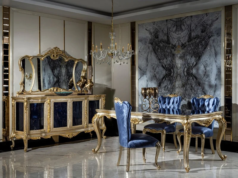 Casa Padrino Luxus Barock Esszimmer Set Blau / Silber / Gold - 1 Esstisch & 6 Esszimmerstühle - Barock Esszimmer Möbel - Edel & Prunkvoll