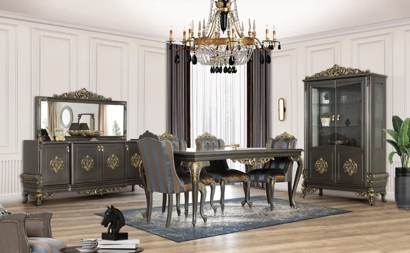 Casa Padrino Luxus Barock Esszimmer Set Blau / Grau / Gold - 1 Esszimmertisch & 6 Esszimmerstühle - Edle Barock Esszimmer Möbel - Edel & Prunkvoll