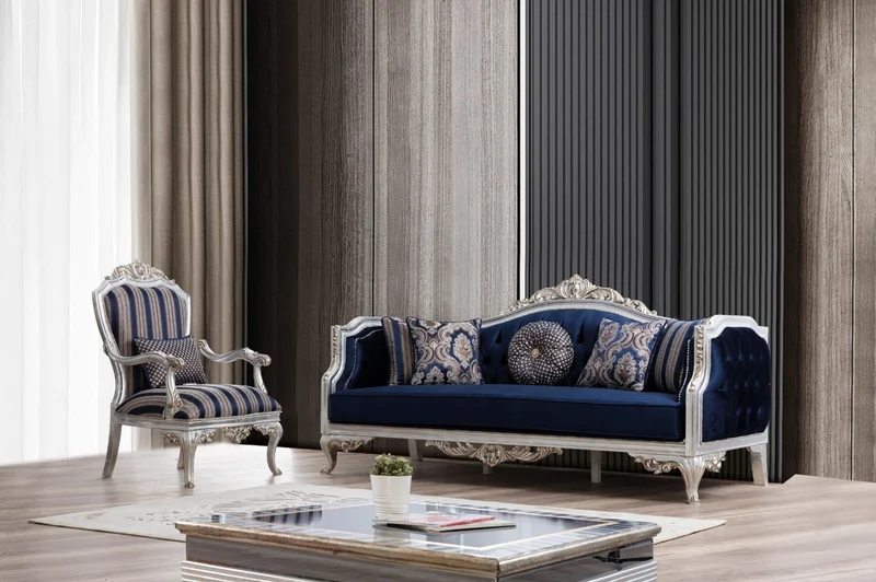 Casa Padrino Luxus Barock Sessel Blau / Silber / Gold 75 x 80 x H. 120 cm - Prunkvoller Wohnzimmer Sessel mit Streifen - Barock Wohnzimmer Möbel