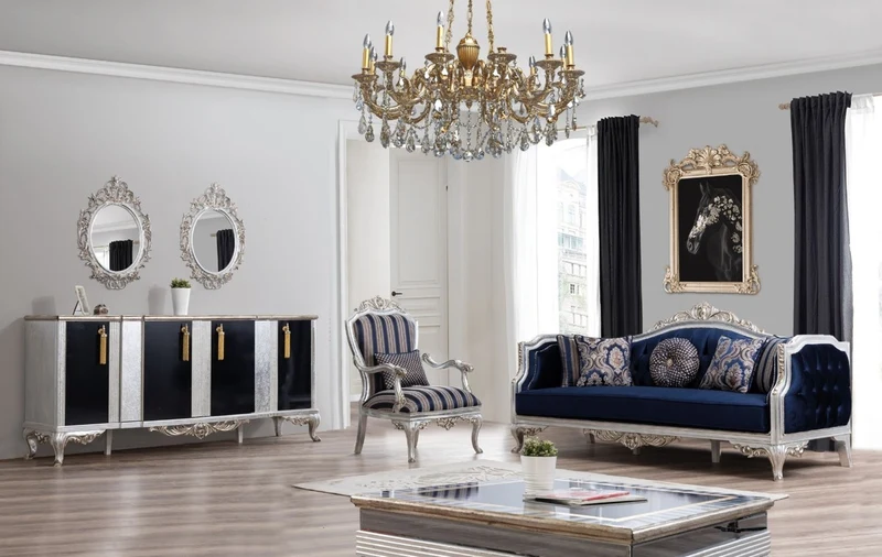 Casa Padrino Luxus Barock Sessel Blau / Silber / Gold 75 x 80 x H. 120 cm - Prunkvoller Wohnzimmer Sessel mit Streifen - Barock Wohnzimmer Möbel