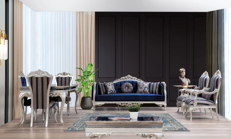 Casa Padrino Luxus Barock Sessel Blau / Silber / Gold 75 x 80 x H. 120 cm - Prunkvoller Wohnzimmer Sessel mit Streifen - Barock Wohnzimmer Möbel
