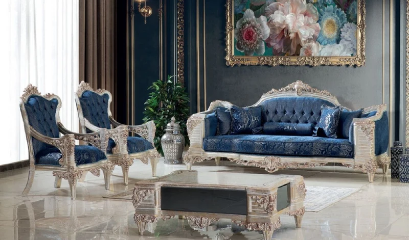 Casa Padrino Luxus Barock Wohnzimmertisch Creme / Kupfer / Blau / Gold 120 x 85 x H. 45 cm - Edler Massivholz Couchtisch im Barockstil - Barock Wohnzimmer Möbel