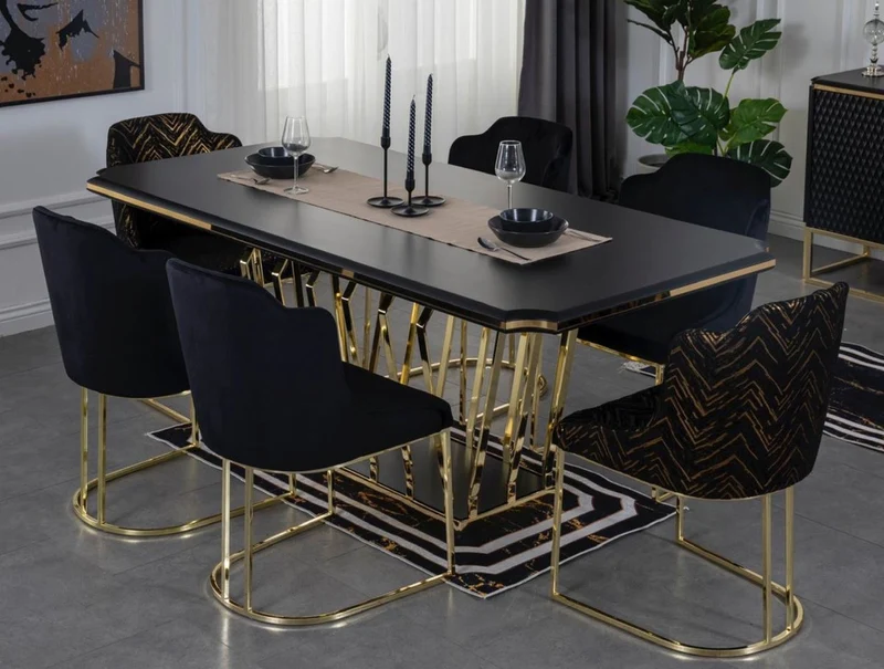 Casa Padrino Luxus Esszimmer Möbel Set Schwarz / Gold - 1 Esszimmertisch & 6 Esszimmerstühle - Luxus Esszimmer Möbel