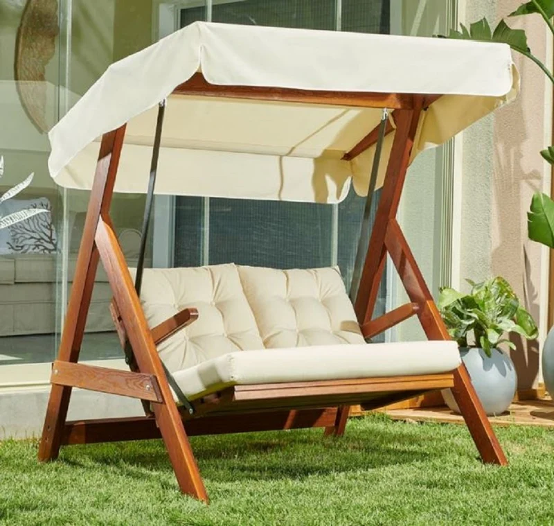 Casa Padrino Luxus Hollywood Schaukel Cremefarben / Braun - Moderne Wetterfeste Garten Schaukel mit Sonnendach - Terrassen Möbel - Garten Möbel