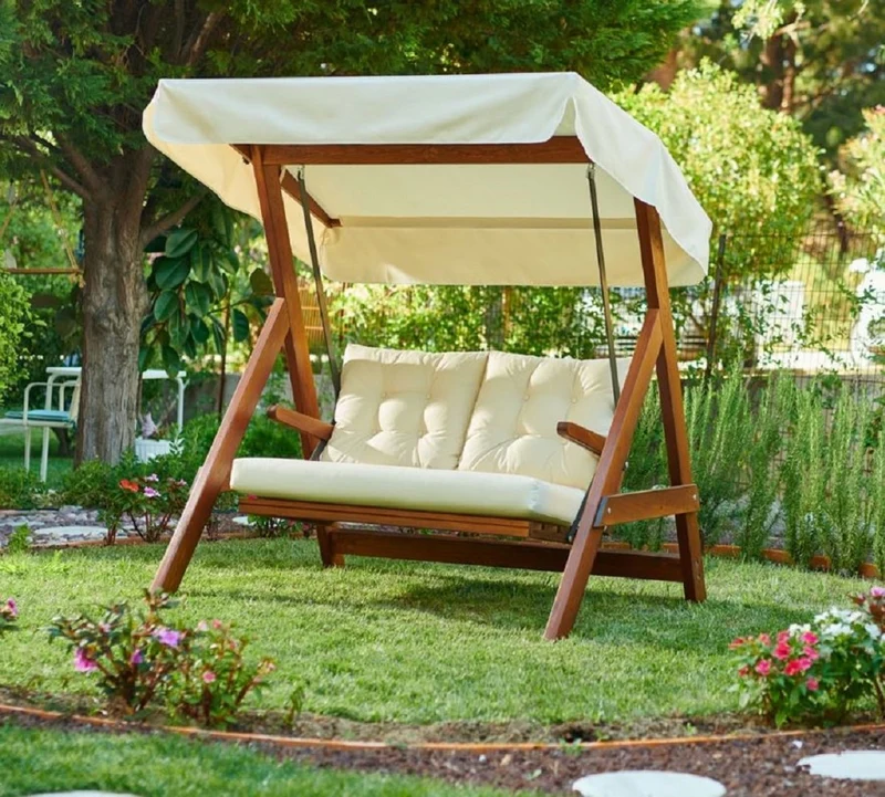 Casa Padrino Luxus Hollywood Schaukel Cremefarben / Braun - Moderne Wetterfeste Garten Schaukel mit Sonnendach - Terrassen Möbel - Garten Möbel