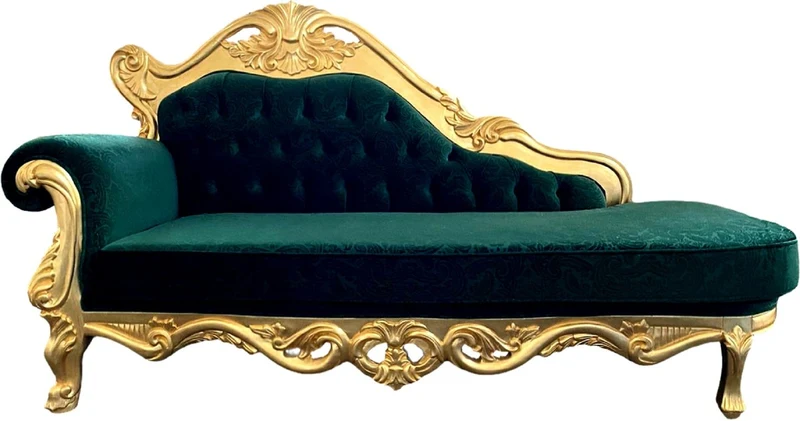 Casa Padrino Luxus Barock Chaiselongue Grün / Gold - Handgefertigte Massivholz Recamiere mit edlem Samtstoff und elegantem Muster - Barock Möbel - Edel & Prunkvoll