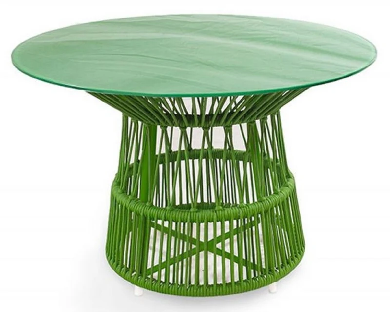 Casa Padrino Luxus Gartentisch Grün Ø 110 x H. 75 cm - Handgewebter wetterbeständiger Esstisch mit Glasplatte - Garten & Terrassen Möbel