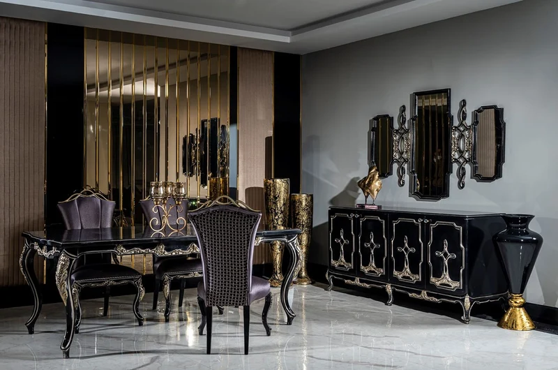 Casa Padrino Luxus Barock Esszimmer Set Lila / Schwarz / Gold - 1 Esstisch & 6 Esszimmerstühle - Barock Esszimmer Möbel - Edel & Prunkvoll