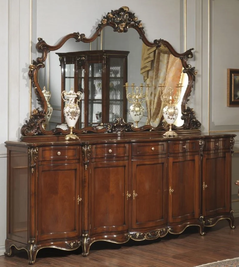 Casa Padrino Luxus Barock Möbel Set Sideboard mit Spiegel Dunkelbraun / Gold - Edler Massivholz Schrank mit Wandspiegel - Hotel Möbel - Schloss Möbel - Luxus Qualität - Made in Italy