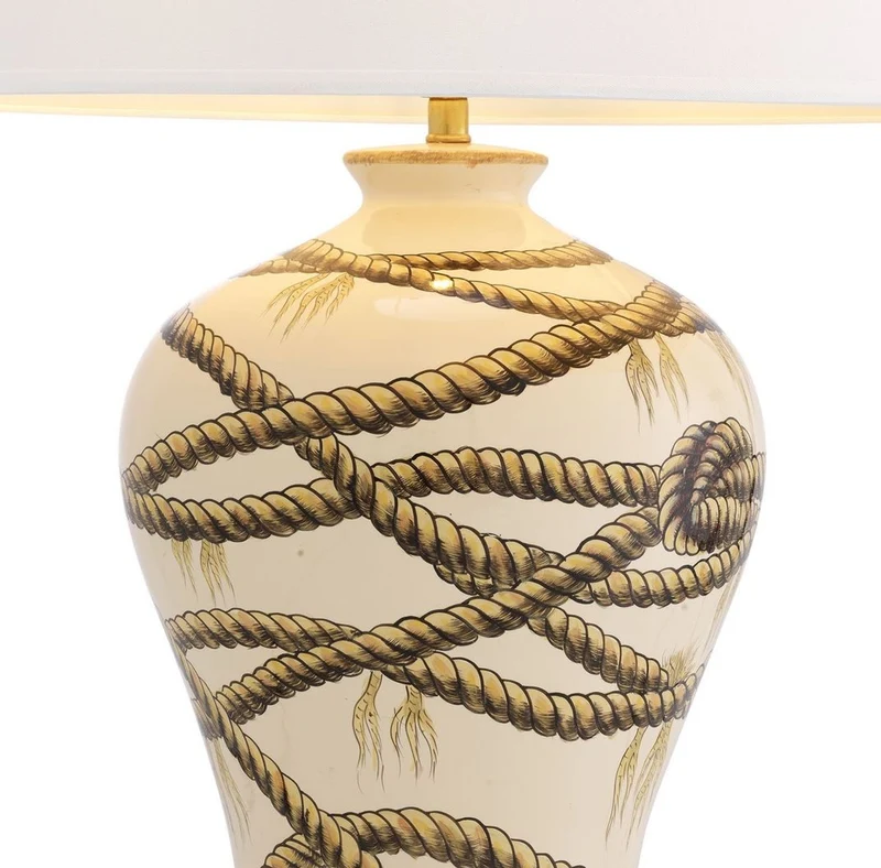 Casa Padrino Luxus Tischleuchte Beige / Antik Messingfarben / Weiß Ø 56 x H. 86 cm - Handbemalte Porzellan Tischlampe - Luxus Kollektion