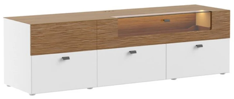 Casa Padrino TV Schrank Braun / Weiß 180 x 48 x H. 55 cm - Beleuchteter Massivholz Fernsehschrank mit Schubladen - Moderne Wohnzimmer Möbel