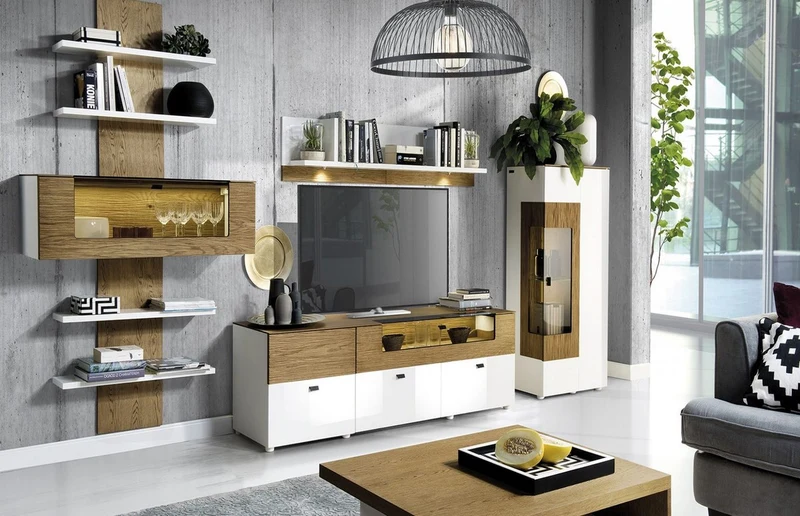 Casa Padrino TV Schrank Braun / Weiß 180 x 48 x H. 55 cm - Beleuchteter Massivholz Fernsehschrank mit Schubladen - Moderne Wohnzimmer Möbel