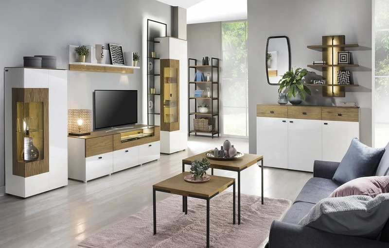 Casa Padrino Eckvitrine Weiß / Braun 65,4 x 40 x H. 202 cm - Moderner Beleuteter Massivholz Vitrinenschrank - Wohnzimmer Schrank - Wohnzimmer Möbel
