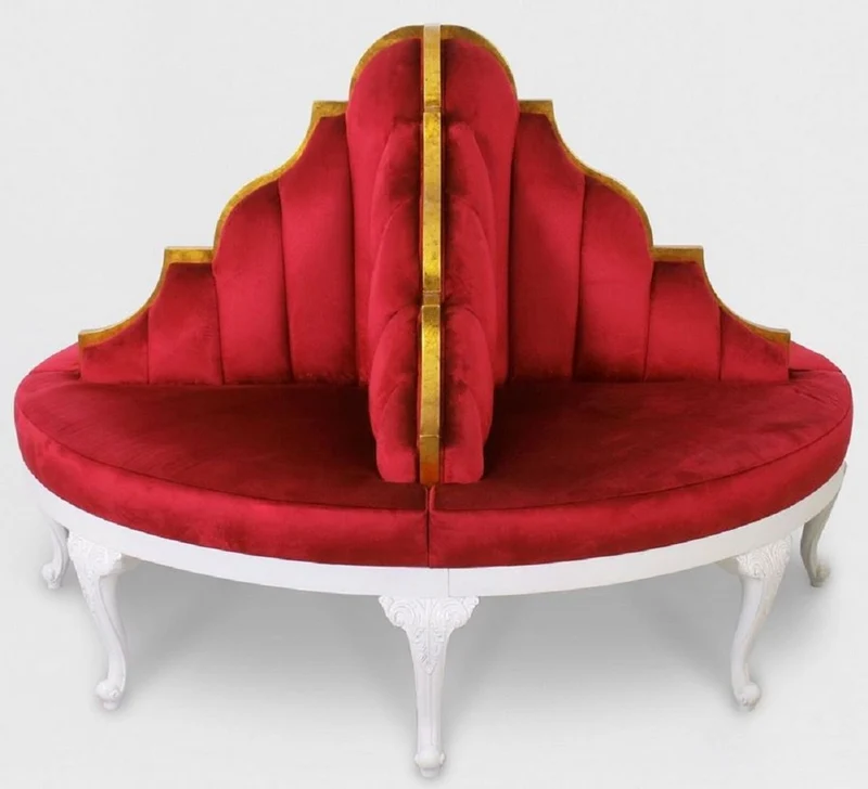 Casa Padrino Luxus Barock Rundsofa Rot / Weiß / Antik Gold - Handgefertigtes rundes Samt Sofa - Barock Hotel & Restaurant Möbel