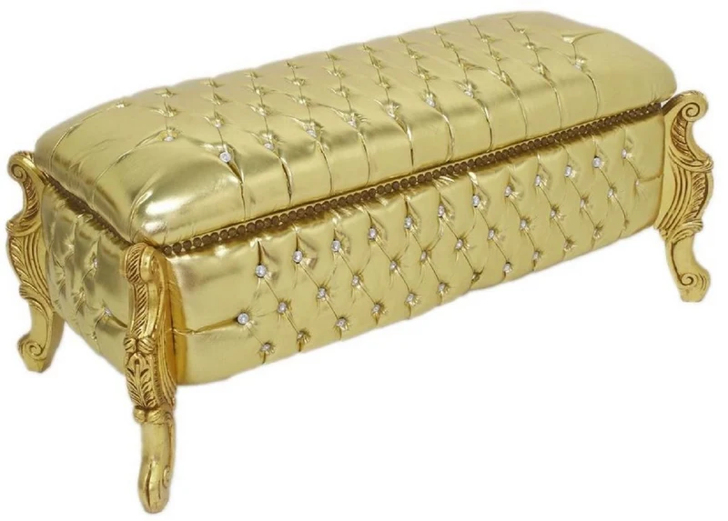 Casa Padrino Barock Sitzbank / Truhe Gold Lederoptik / Gold - Gepolsterte Massivholz Bank mit Glitzersteinen - Möbel im Barockstil