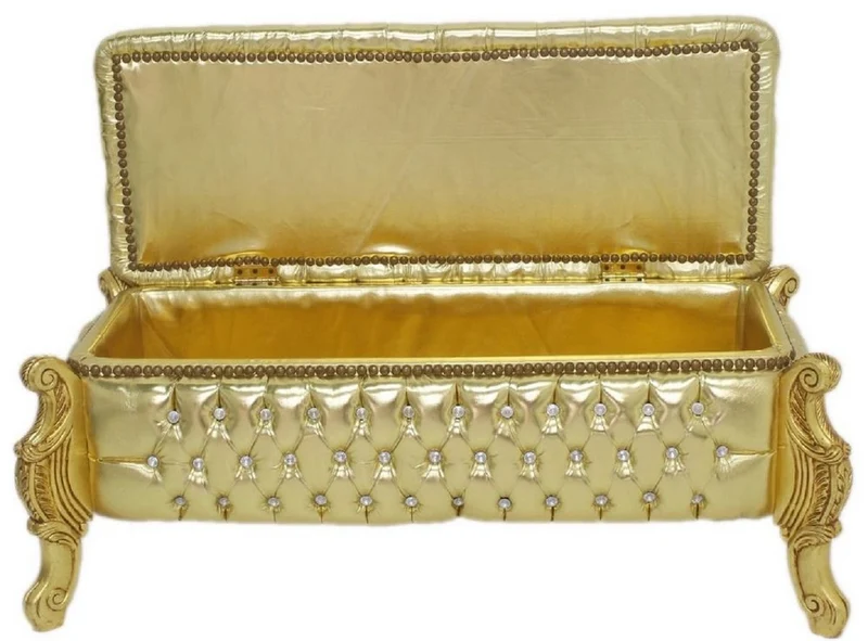 Casa Padrino Barock Sitzbank / Truhe Gold Lederoptik / Gold - Gepolsterte Massivholz Bank mit Glitzersteinen - Möbel im Barockstil