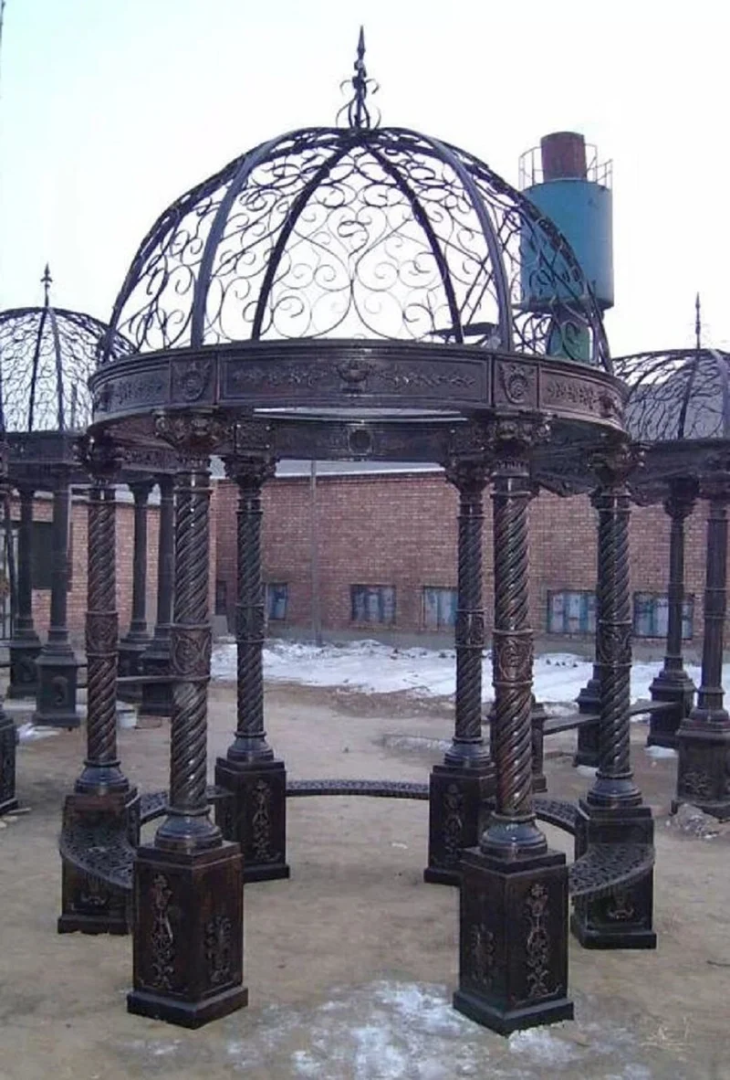 Casa Padrino Luxus Barock Garten Pavillon Braun Ø 240 x H. 420 cm - Gusseisen Pavillon mit integrierten Sitzbänken - Prunkvolle Garten Deko im Barockstil