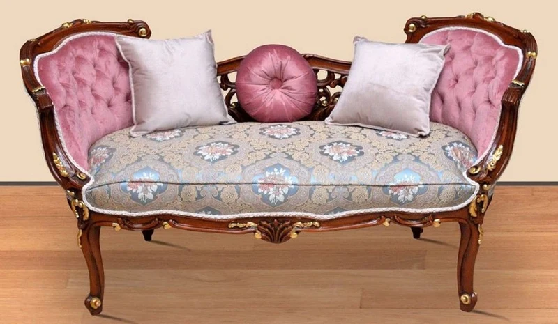 Casa Padrino Barock Sitzbank Mehrfarbig / Rosa / Braun / Gold 150 x 55 x H. 80 cm - Prunkvolle Massivholz Bank mit edlem Blumenmuster - Möbel im Barockstil