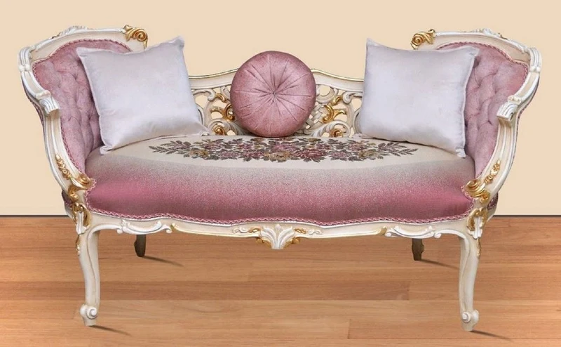 Casa Padrino Barock Sitzbank Rosa / Mehrfarbig / Weiß / Gold 150 x 55 x H. 80 cm - Prunkvolle Massivholz Bank mit edlem Blumenmuster - Barock Möbel