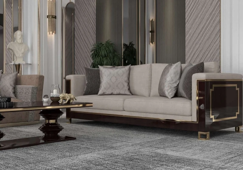 Casa Padrino Luxus Art Deco Sofa Hellgrau / Dunkelbraun Hochglanz / Gold - Handgefertigtes Massivholz Wohnzimmer Sofa mit edlem Samtsoff - Luxus Qualität - Art Deco Möbel