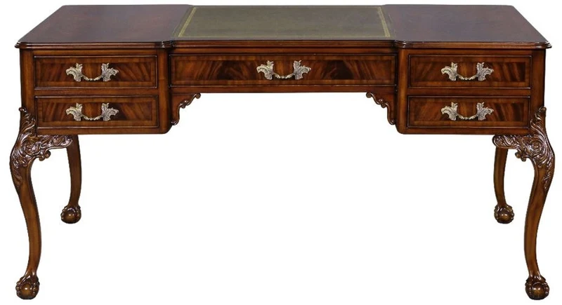 Casa Padrino Luxus Barock Schreibtisch Dunkelbraun / Silber / Grau / Gold - Handgefertigter Mahagoni Schreibtisch mit 5 Schubladen - Barock Büro Möbel