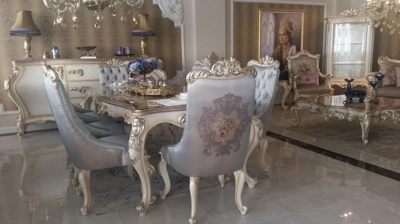 Casa Padrino Luxus Barock Esstisch Silber / Creme / Gold - Handgefertigter Massivholz Esszimmertisch - Möbel im Barockstil - Edel & Prunkvoll