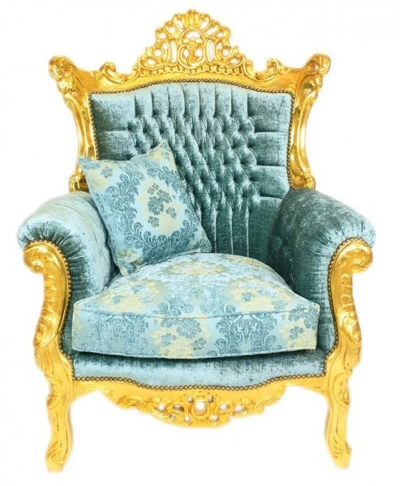 Casa Padrino Barock Sessel Türkis / Gold - Handgefertigter Massivholz Wohnzimmer Sessel mit Samtstoff - Antik Stil Sessel - Barock Möbel
