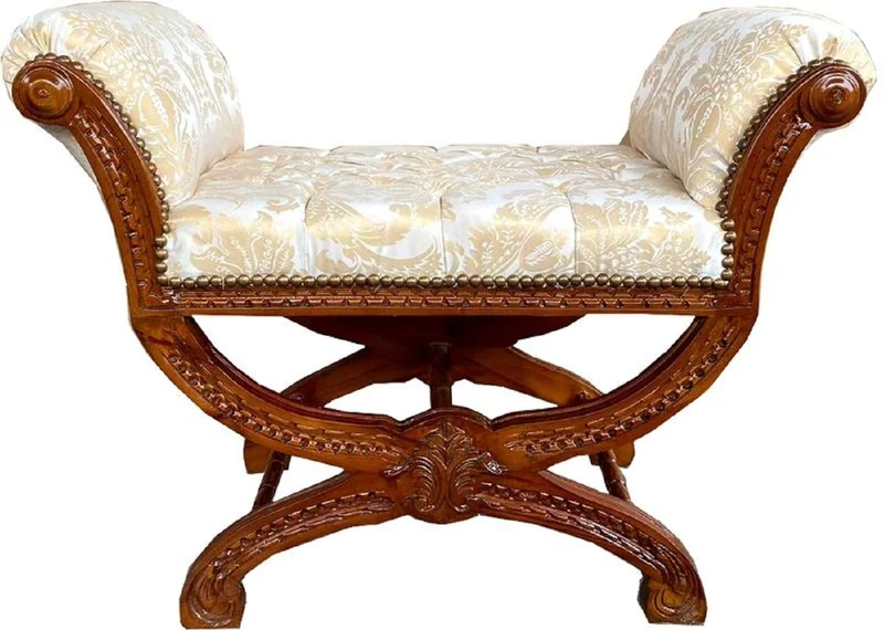 Casa Padrino Barock Sitzhocker Weiß / Gold / Braun - Handgefertigter Antik Stil Hocker mit elegantem Muster - Schemel im Barockstil - Barock Hocker Möbel