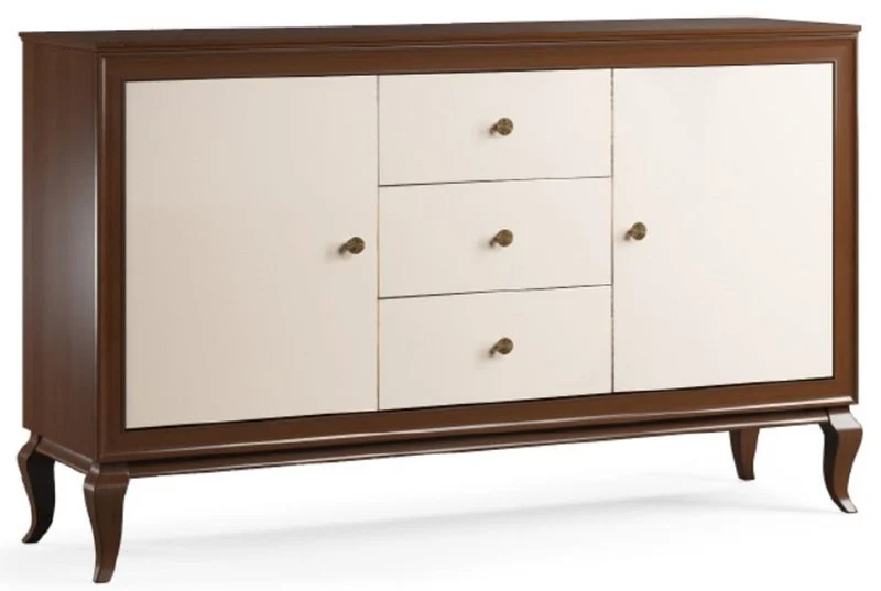 Casa Padrino Luxus Art Deco Sideboard Dunkelbraun / Cremefarben 156 x 43,5 x H. 95,5 cm - Massivholz Schrank mit 2 Türen und 3 Schubladen - Art Deco Wohnzimmer Möbel