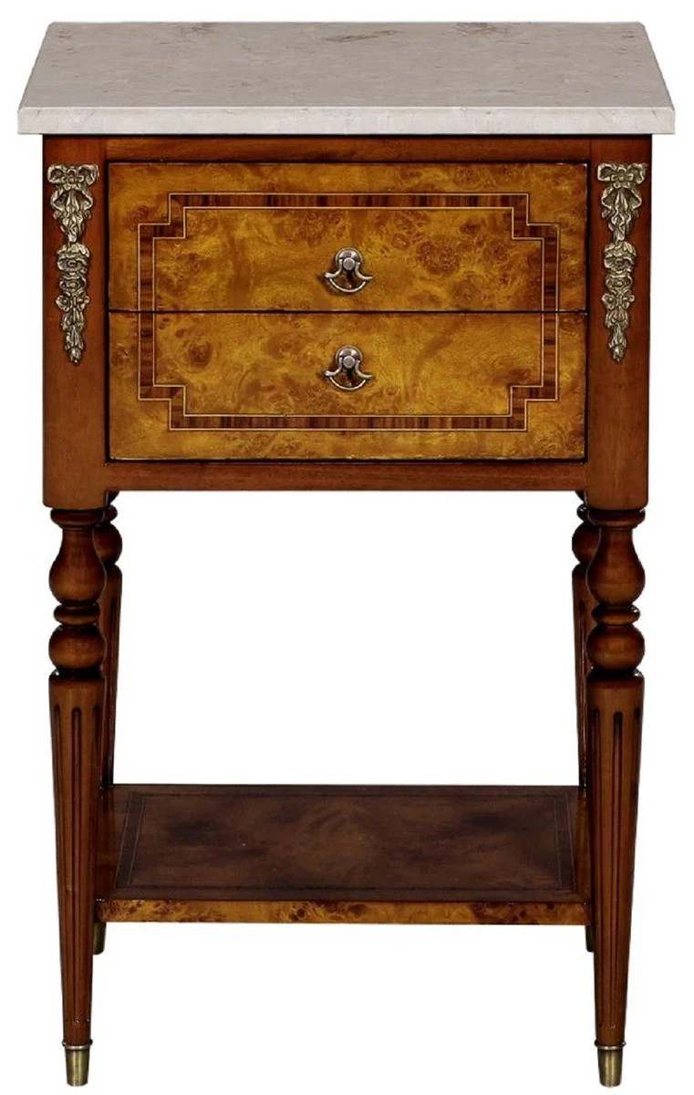 Casa Padrino Luxus Barock Beistelltisch Hellbraun / Braun / Cremefarben 42 x 31 x H. 68 cm - Massivholz Tisch mit Marmorplatte - Nachttisch - Nachtkommode - Barock Möbel