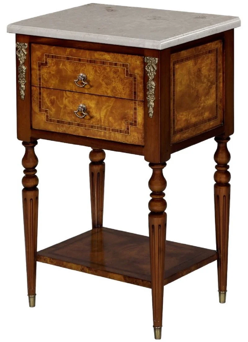 Casa Padrino Luxus Barock Beistelltisch Hellbraun / Braun / Cremefarben 42 x 31 x H. 68 cm - Massivholz Tisch mit Marmorplatte - Nachttisch - Nachtkommode - Barock Möbel