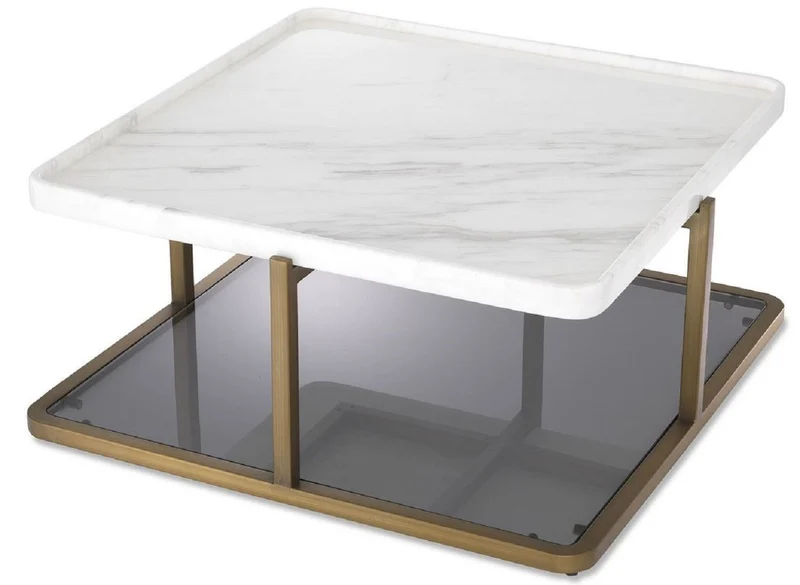 Casa Padrino Luxus Couchtisch Messingfarben / Weiß / Grau 58 x 58 x H. 27,5 cm - Moderner Edelstahl Wohnzimmertisch mit Marmorplatte und getönter Glasplatte - Luxus Möbel