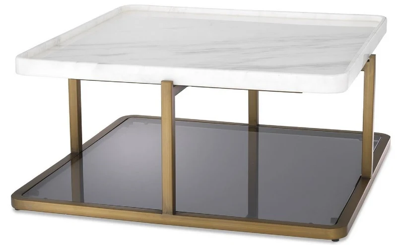 Casa Padrino Luxus Couchtisch Messingfarben / Weiß / Grau 58 x 58 x H. 27,5 cm - Moderner Edelstahl Wohnzimmertisch mit Marmorplatte und getönter Glasplatte - Luxus Möbel
