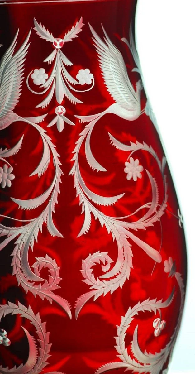 Casa Padrino Luxus Deko Glas Vase Rot / Silber Ø 14 x H. 30 cm - Handgefertigte und handgravierte Blumenvase - Hotel & Restaurant Accessoires - Luxus Qualität