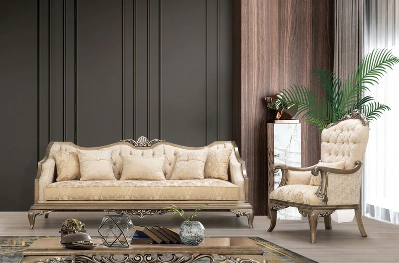 Casa Padrino Luxus Barock Wohnzimmer Set Beige / Gold / Braun / Silber - 2 Sofas & 2 Sessel & 1 Couchtisch - Handgefertigte Barock Wohnzimmer Möbel - Edel & Prunkvoll