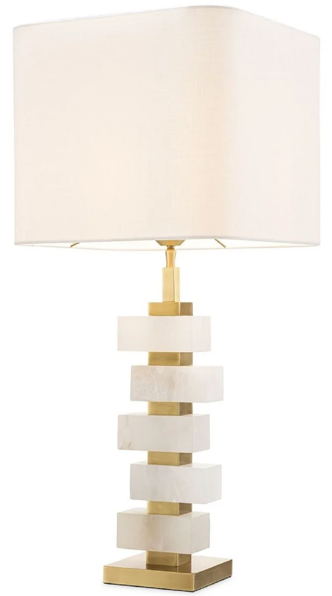 Casa Padrino Luxus Tischleuchte Antik Messing / Alabaster / Weiß 35 x 35 x H. 79,5 cm - Moderne Metall Schreibtischleuchte mit dekorativem Alabaster - Luxus Qualität