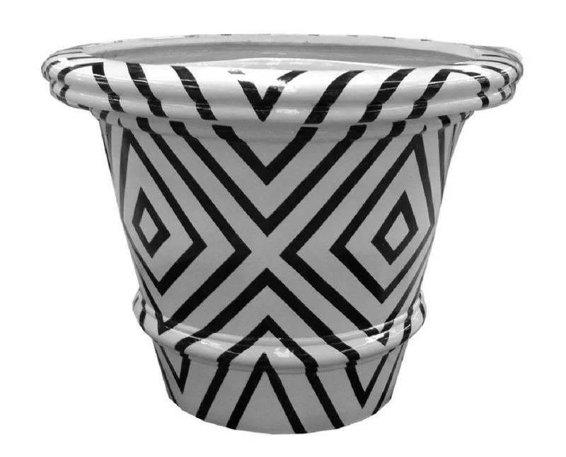 Casa Padrino Luxus Blumentopf Weiß / Schwarz Ø 54 x H. 44,5 cm - Handgefertigter & Handbemalter Keramik Pflanzentopf - Balkon Terrassen Garten Deko - Luxus Deko Accessoires