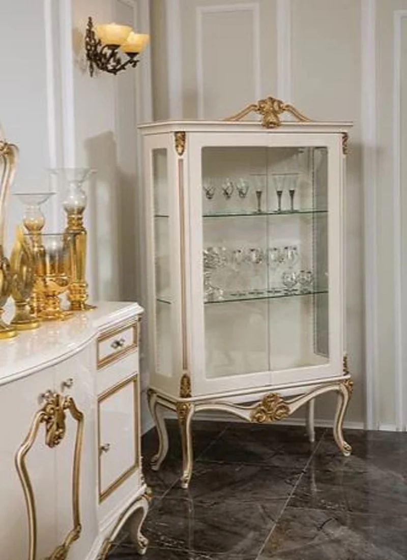 Casa Padrino Luxus Barock Vitrine Weiß / Gold 107 x 41 x H. 178 cm - Massivholz Vitrinenschrank - Barock Möbel - Edel & Prunkvoll