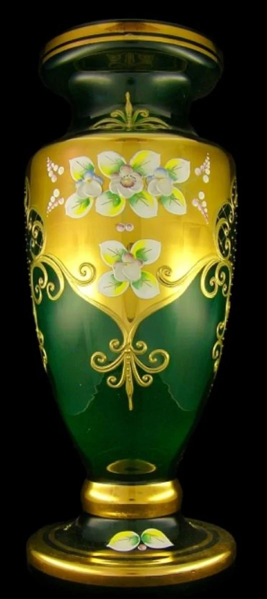 Casa Padrino Luxus Barock Glas Vase Grün / Mehrfarbig / Gold H. 60 cm - Prunkvolle handgefertigte & handbemalte Blumenvase - Barock Deko Accessoires