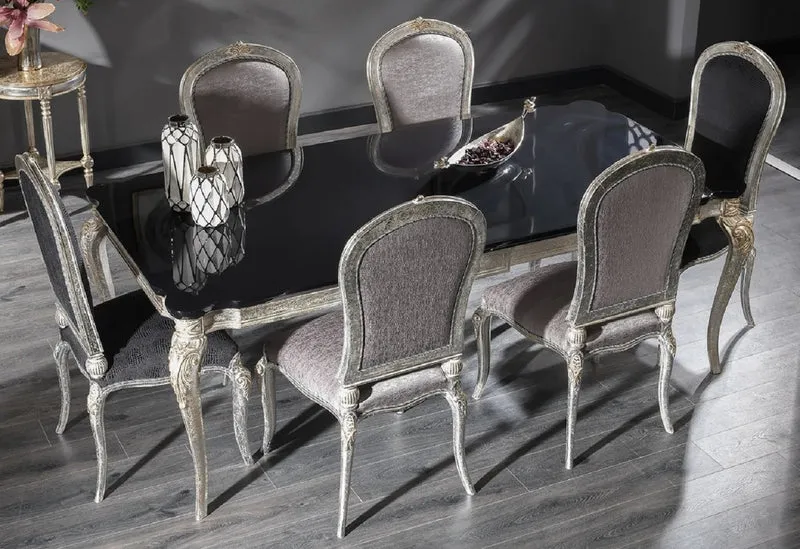 Casa Padrino Luxus Barock Esstisch Schwarz / Antik Silber 222 x 107 x H. 79 cm - Edler Massivholz Küchentisch - Esszimmer Möbel im Barockstil