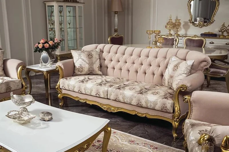 Casa Padrino Luxus Barock Wohnzimmer Sofa Rosa / Gold 220 x 82 x H. 95 cm - Massivholz Sofa mit elegantem Muster und dekorativen Kissen - Wohnzimmer Möbel im Barockstil