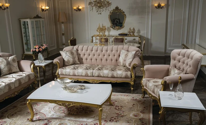 Casa Padrino Luxus Barock Wohnzimmer Sofa Rosa / Gold 220 x 82 x H. 95 cm - Massivholz Sofa mit elegantem Muster und dekorativen Kissen - Wohnzimmer Möbel im Barockstil