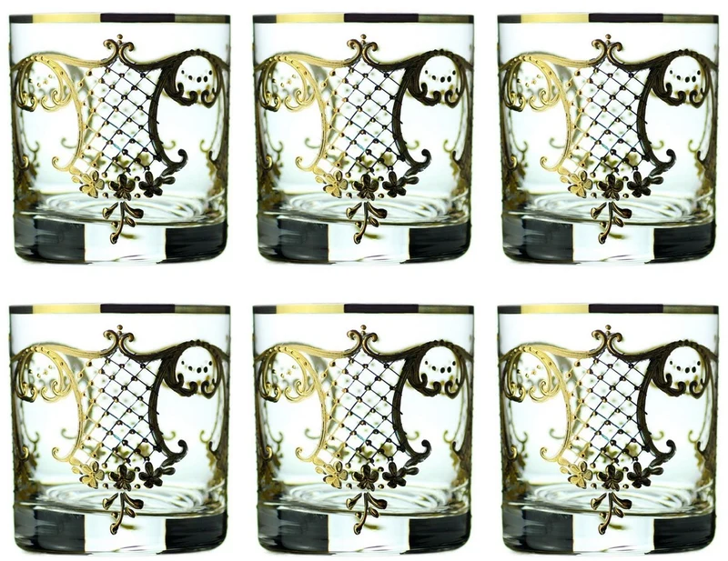 Casa Padrino Luxus Barock Whisky Glas 6er Set Gold Ø 8 x H. 9 cm - Handgefertigte und handbemalte Whiskygläser - Hotel & Restaurant Accessoires - Luxus Qualität
